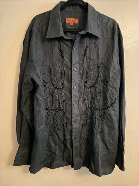 Black Embroidered Button-Up Shirt